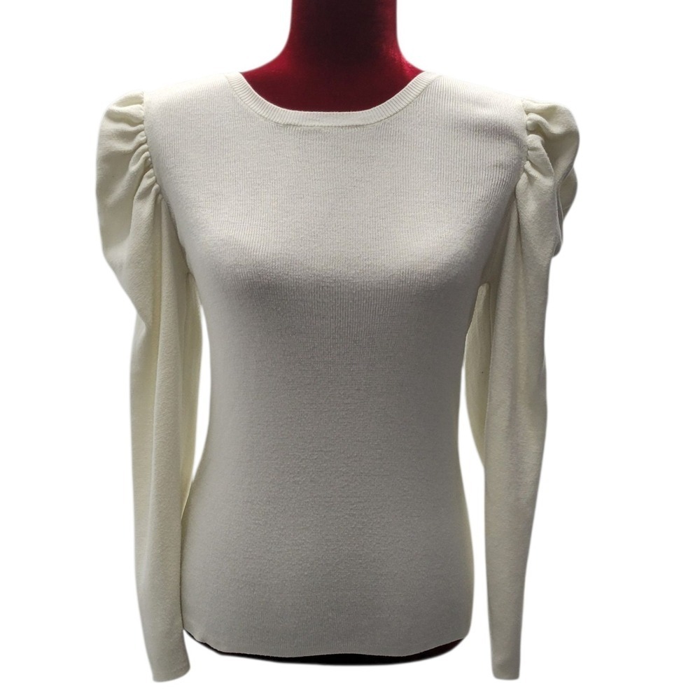 Catherine Malandrino Puff Sleeve Top Cream Long Sleeve Knit Sweater Med F359